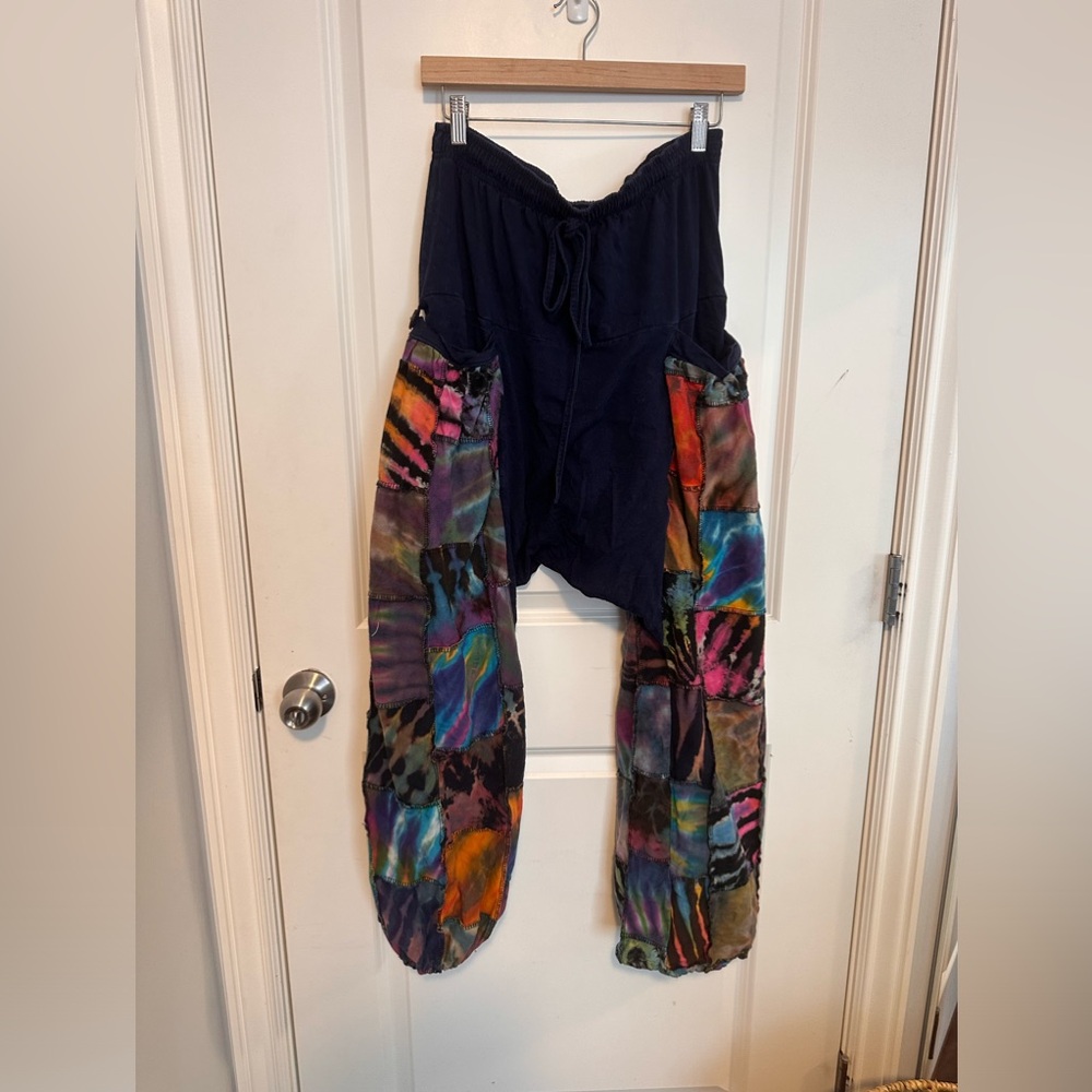 Tie Dye Patchwork Cotton Women Harem Pants in Navy - Picture 2 of 9